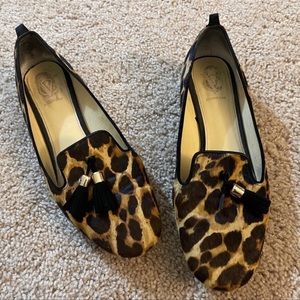 Vince Camuto leopard calf hair tasked loafers career teacher chic animal print